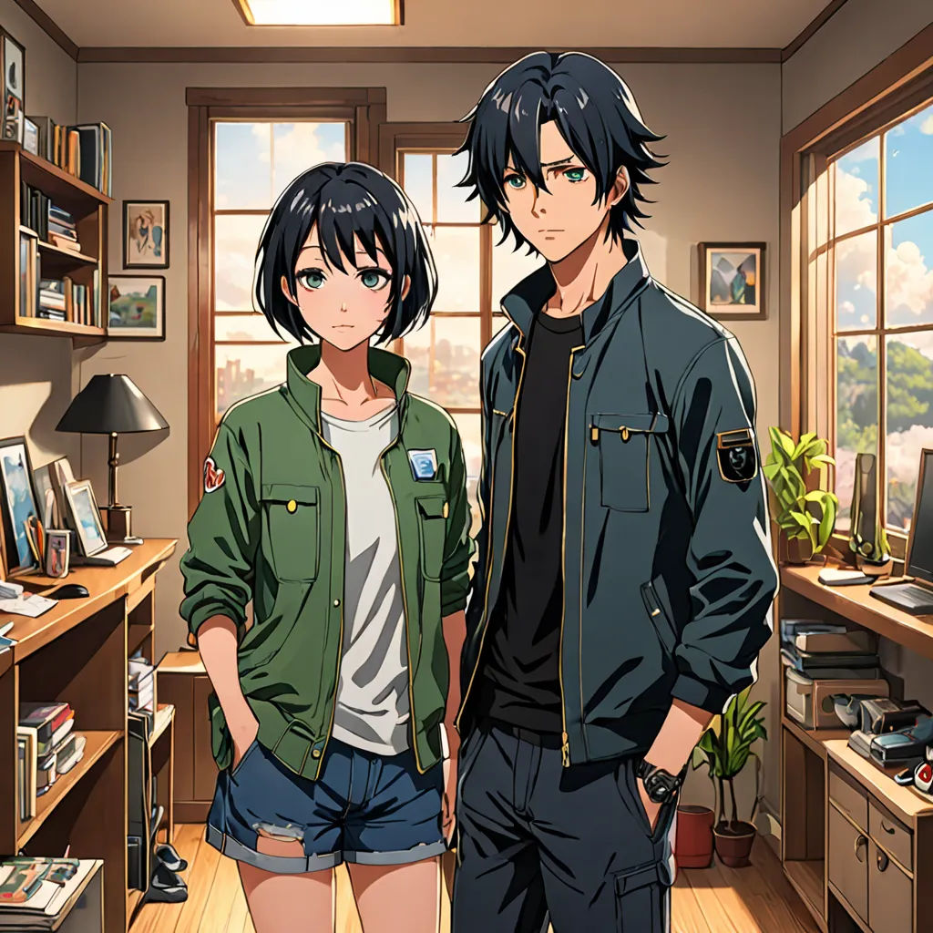 a couple of people standing in a room next to a window with a desk and a chair in front of them, sots art, computer graphics, Ai-Mitsu, official art