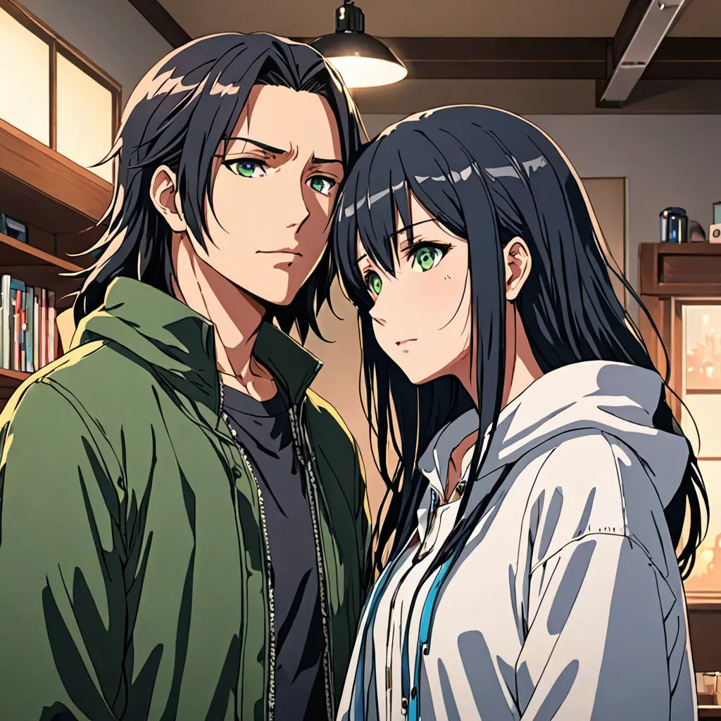 two anime characters standing next to each other in a room with a book shelf and a lamp on the ceiling, rayonism, a character portrait, Aya Goda, official art