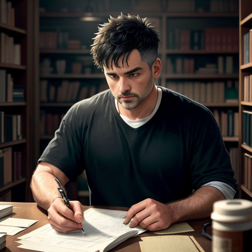 a man sitting at a desk with a pen and paper in his hand and a book in front of him