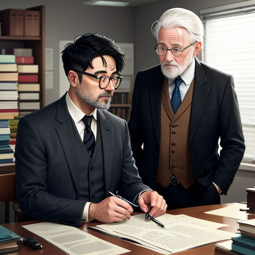 a man in a suit and tie standing next to a man in a suit and tie at a desk