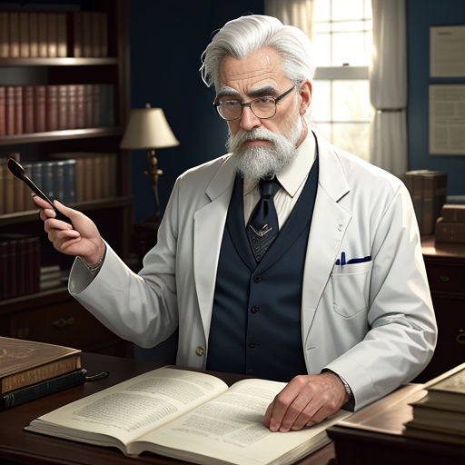 a man in a suit and tie holding a cell phone and looking at a book on a desk with a lamp