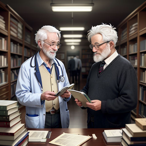 two men in a library looking at a book together and discussing something on a clipboard with a stethoscope