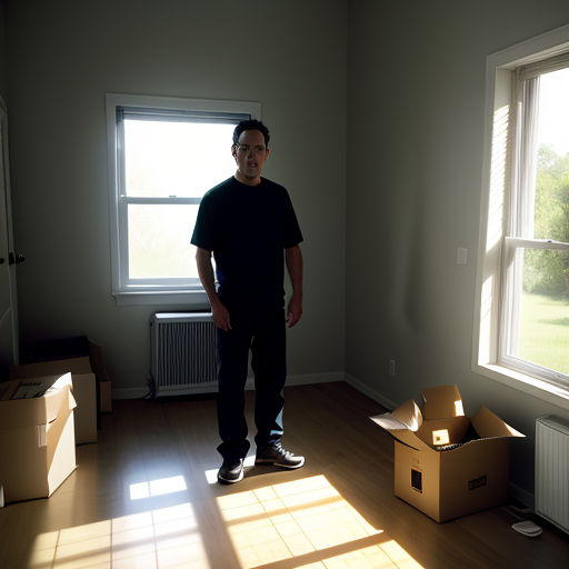 a man standing in a room with a box and a window in it and a box on the floor