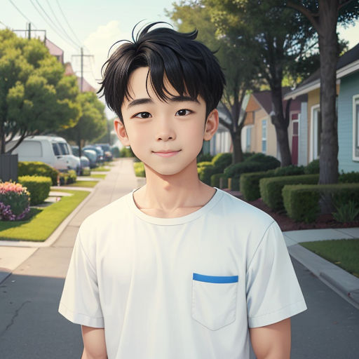 a young boy standing on a street corner with a house in the background and a car parked on the side of the street