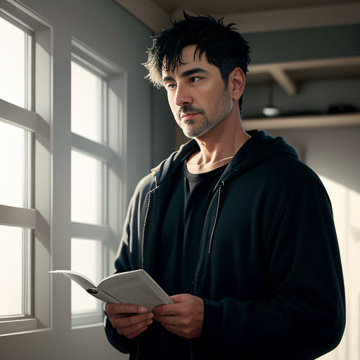 a man standing in front of a window holding a piece of paper in his hand and looking at the camera