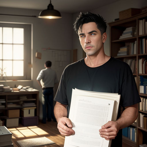 a man holding a book in his hands in a room with a desk and a computer monitor on it
