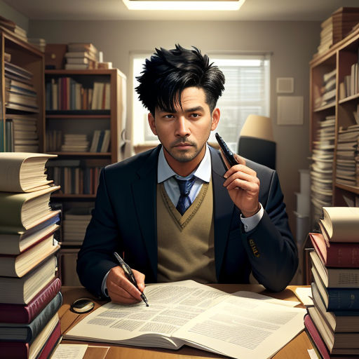 a man sitting at a desk with a pen and paper in his hand and a book in front of him