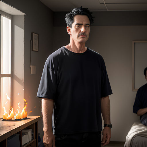 a man standing in front of a fire in a room with a man sitting on a bed in the background