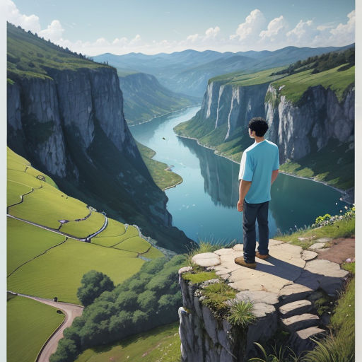 a man standing on a cliff overlooking a river and mountains with a valley below it and a valley below