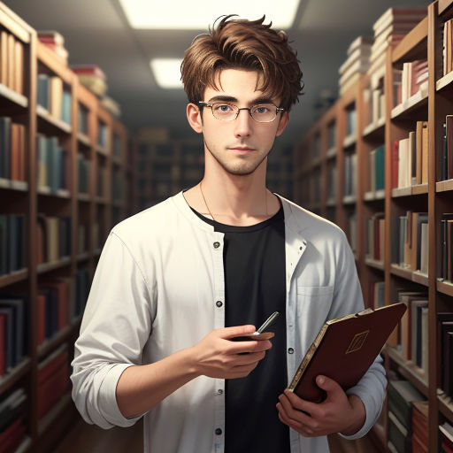 a man standing in a library holding a book and a clipboard in his hand and looking at the camera