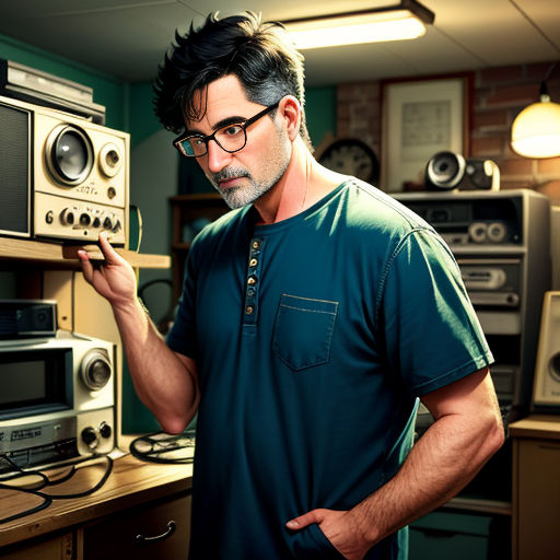 a man in a green shirt is holding a radio in a room with many other old fashioned radio equipment