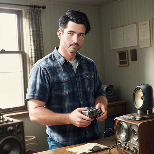 a man holding a camera in a room with a desk and speakers on it and a window behind him
