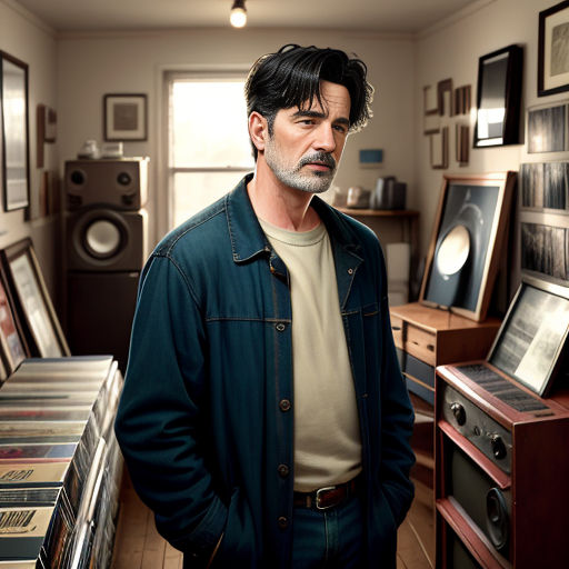 a man standing in a room with a lot of framed pictures on the wall and a speaker on the floor