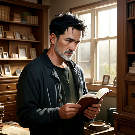 a man reading a book in a room with a window and a desk with a bookcase and a window
