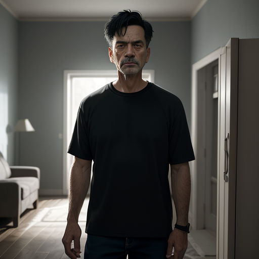 a man standing in a room with a door open and a light on the wall behind him and a couch in the background