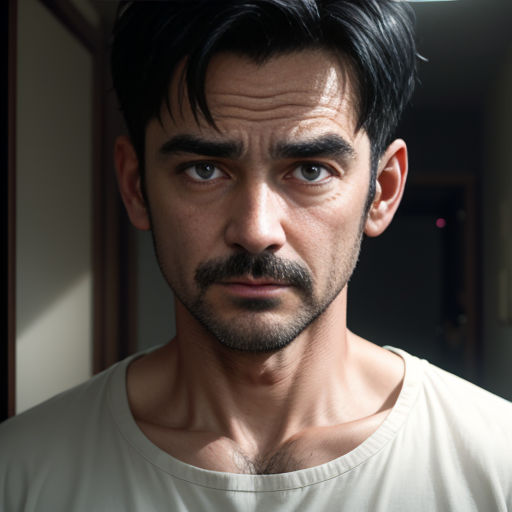 a man with a mustache and a white shirt looking at the camera with a serious look on his face