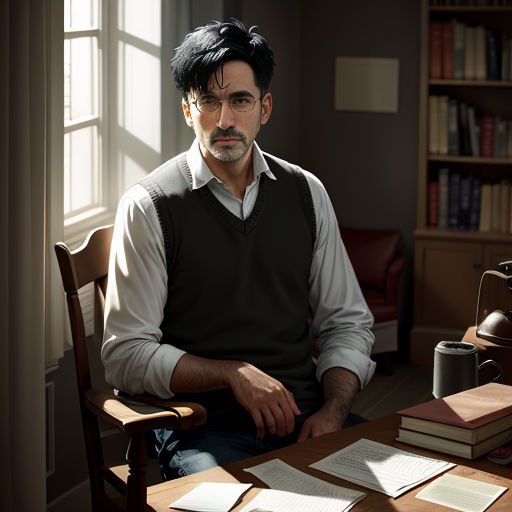 a man sitting at a desk with a book and papers on it in front of a window with a lamp