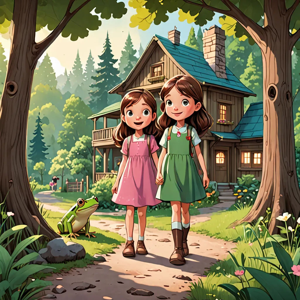 two girls are walking in front of a house in the woods with a frog on the ground and a frog on the ground, american scene painting, a storybook illustration, Brothers Hildebrandt, storybook illustration