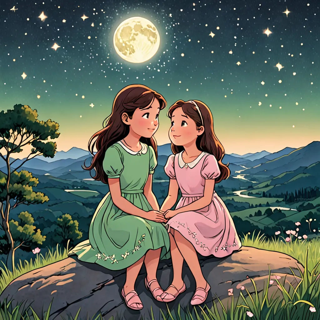 two girls sitting on a rock looking at the stars in the sky above them, with a full moon in the background, space art, a storybook illustration, Chiho Aoshima, official art