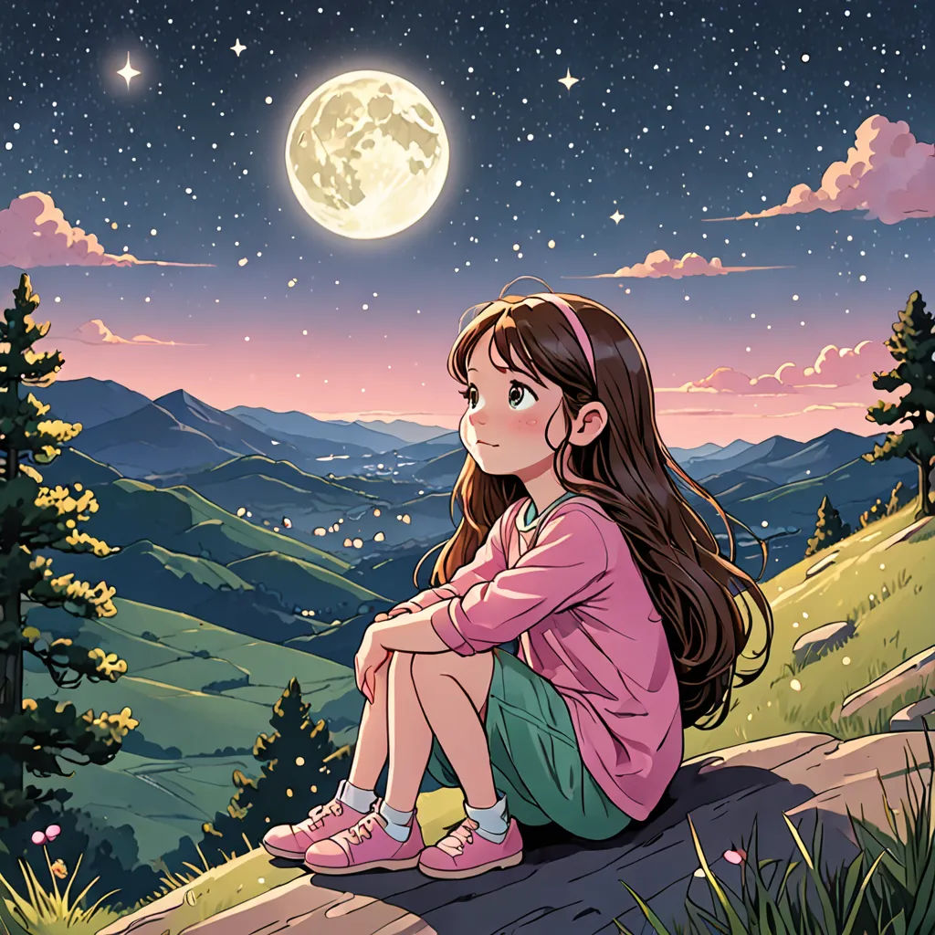 a girl sitting on a rock looking at the stars and the moon in the sky above her head, with a mountain and valley in the background, space art, a storybook illustration, Cliff Childs, official art