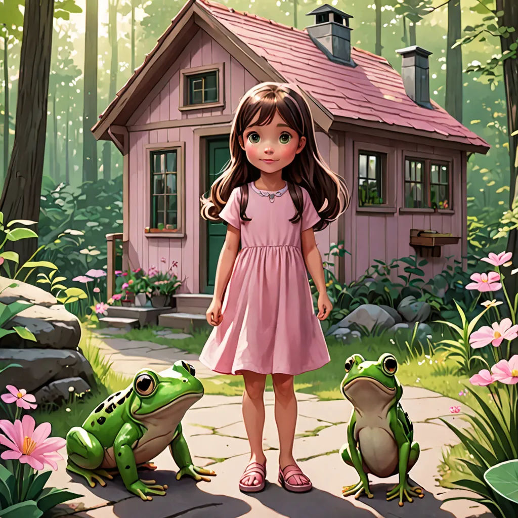 a girl standing in front of a frog and a house in the woods with a frog sitting on the ground, photorealism, a storybook illustration, Chris LaBrooy, rossdraws global illumination