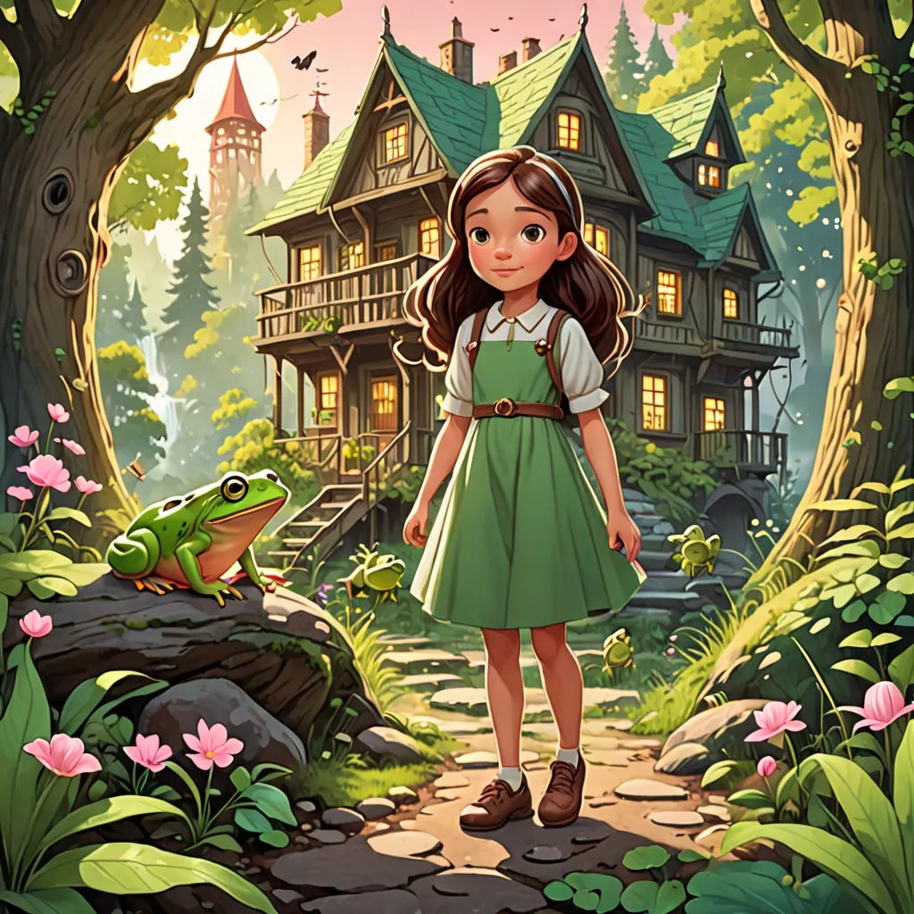 a girl in a green dress standing in front of a house with a frog on the ground in front of her, fantasy art, a storybook illustration, Alice Prin, rossdraws global illumination
