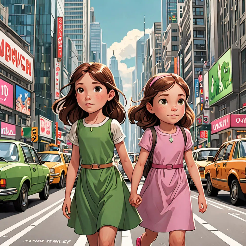two girls walking down a city street in the daytime with cars and pedestrians in the background, with a cityscape in the background, hyperrealism, a comic book panel, Drew Struzan, comic cover art