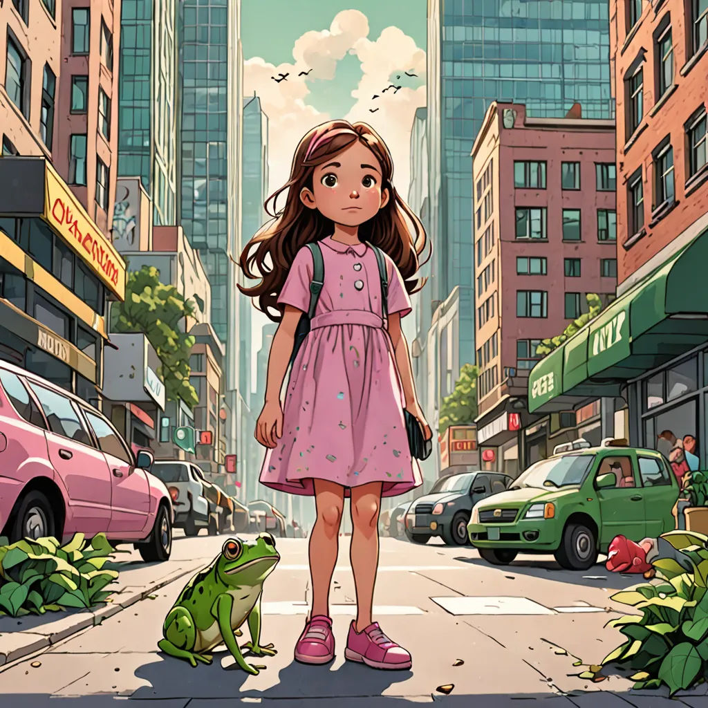 a girl in a pink dress standing on a city street next to a frog and a pink car on the road, environmental art, a storybook illustration, Asaf Hanuka, rossdraws global illumination