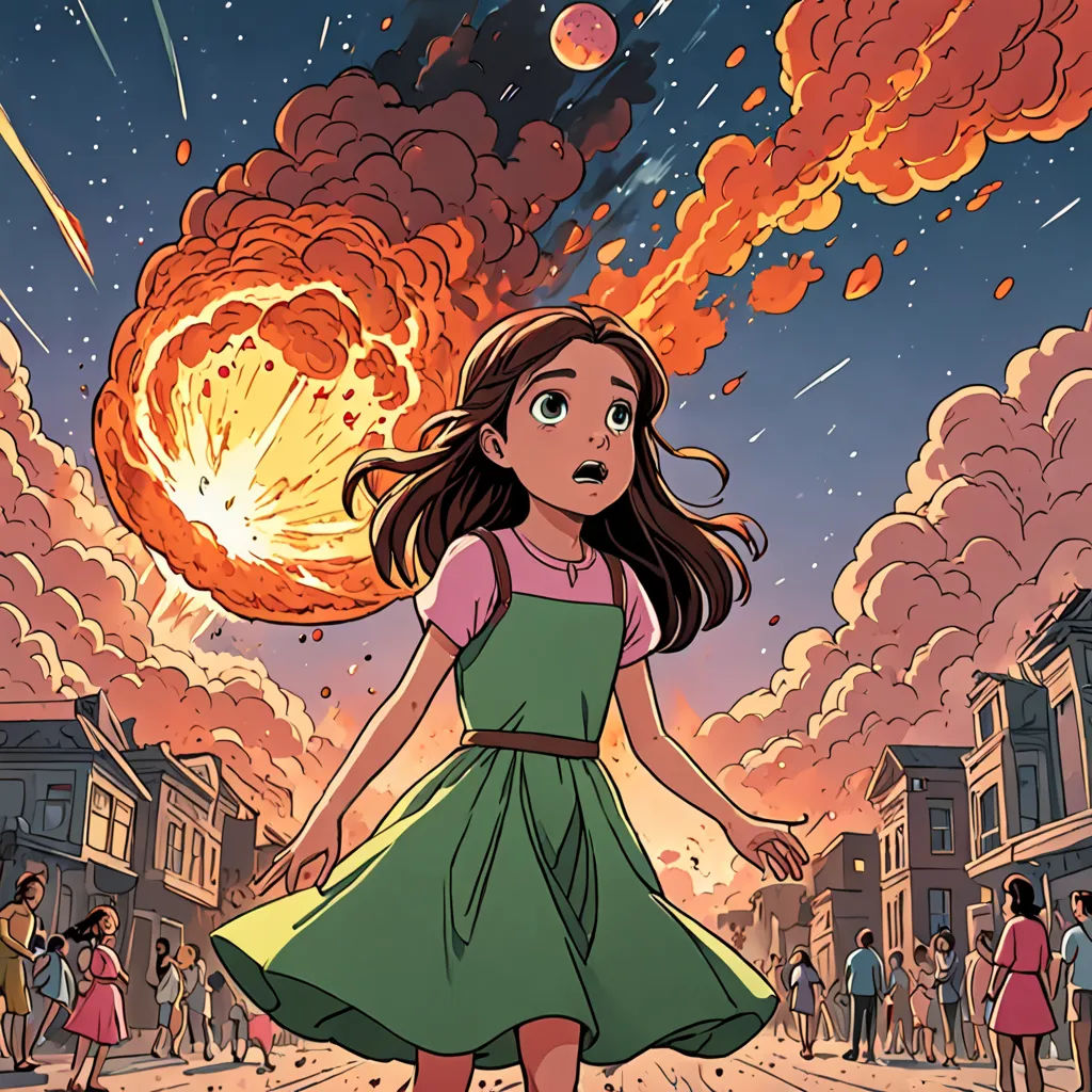 a girl in a green dress is walking through a city with a large explosion in the background and people standing around, space art, a comic book panel, Asaf Hanuka, comic cover art