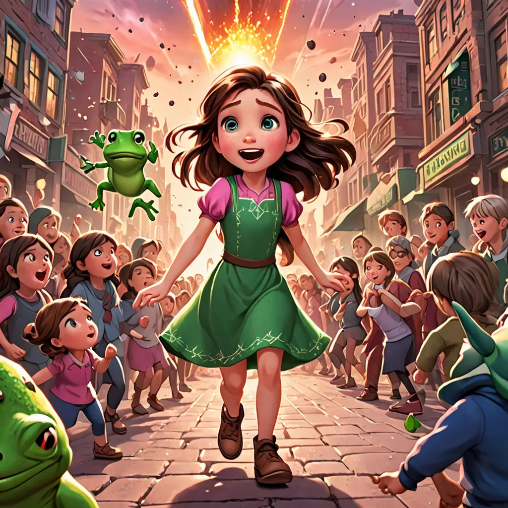 a cartoon girl in a green dress is surrounded by children in a crowd of buildings and a firework, magical realism, a storybook illustration, disney, official art