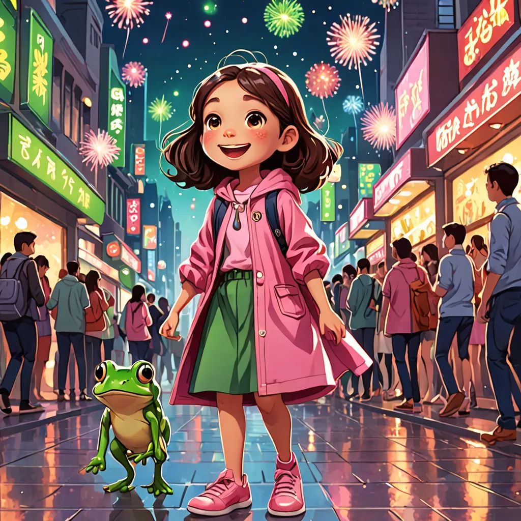 a girl in a pink coat and green skirt standing in front of a frog on a city street with fireworks, art & language, a storybook illustration, Chen Hong, official art