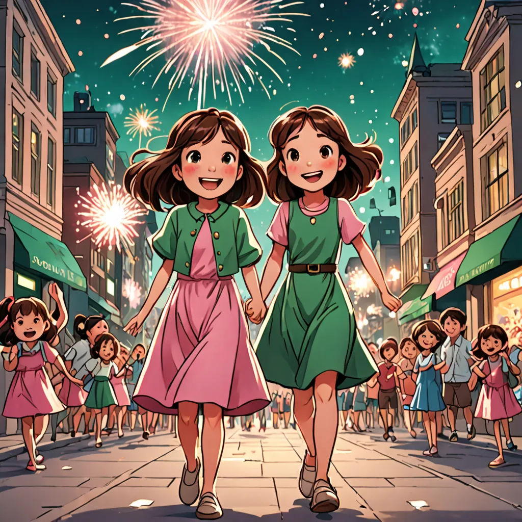two girls walking down a street with fireworks in the sky above them and a crowd of people watching them, rayonism, a comic book panel, disney, official art