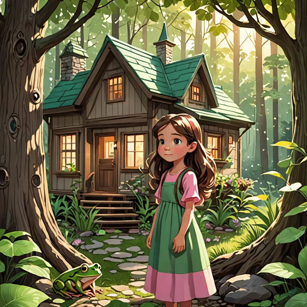 a girl in a green dress standing in front of a house in the woods with a frog in front of her, fantasy art, a storybook illustration, Alice Prin, storybook illustration