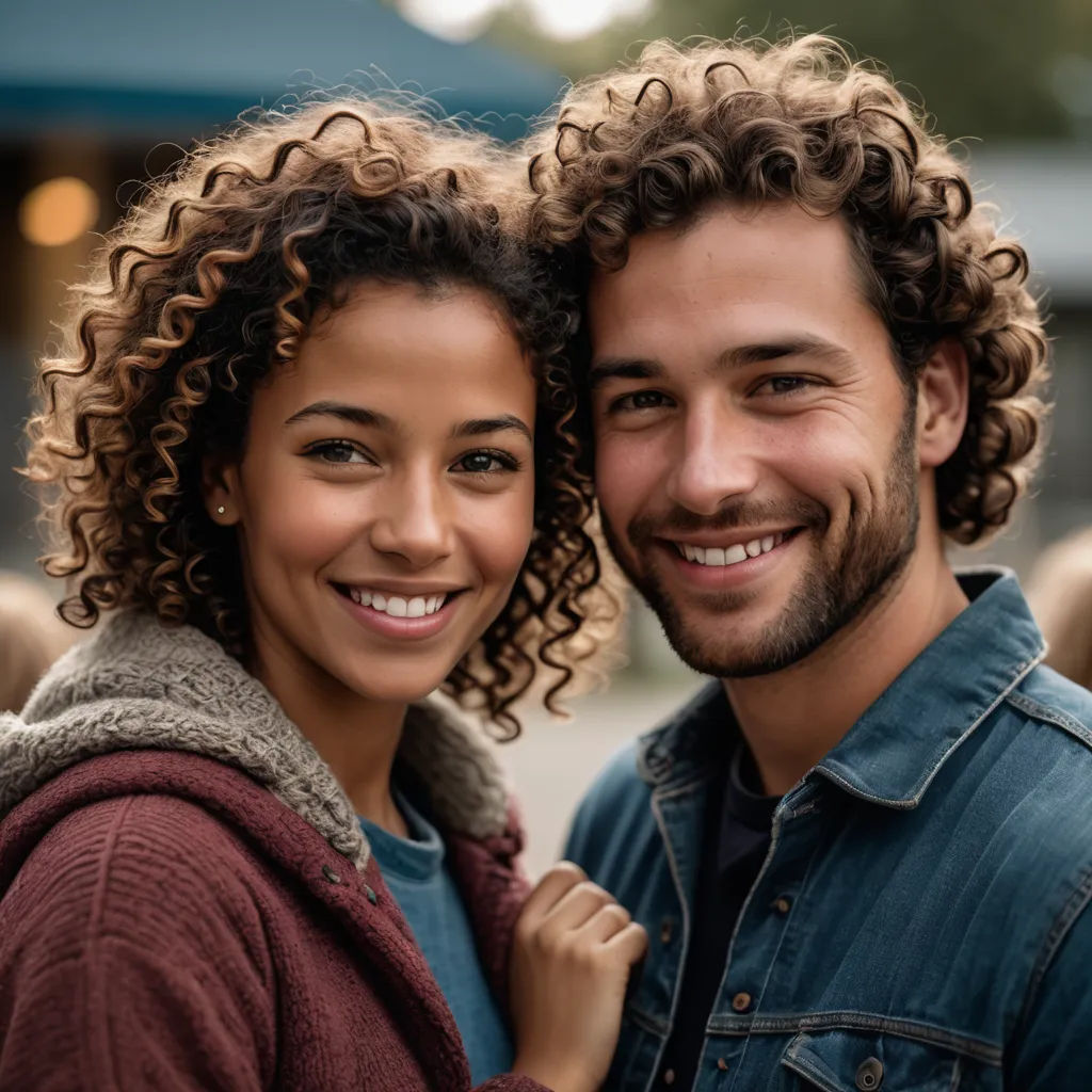 a man and a woman are smiling for the camera while they are standing together outside of a building with a blue sky in the background, incoherents, a stock photo, Andries Both, portrait photography