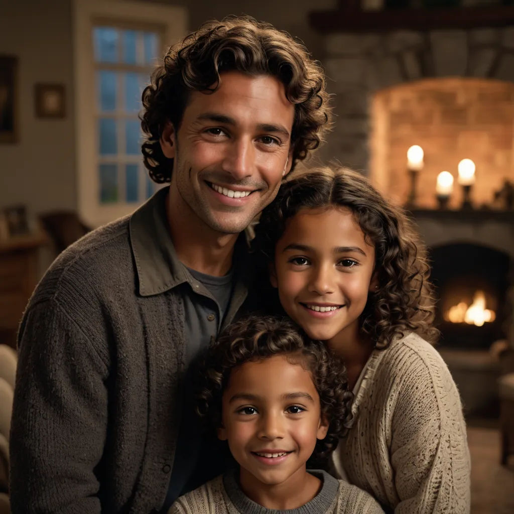 a man and two children posing for a picture in front of a fireplace in a living room with a christmas tree, arts and crafts movement, a digital rendering, Bryan Organ, promotional image