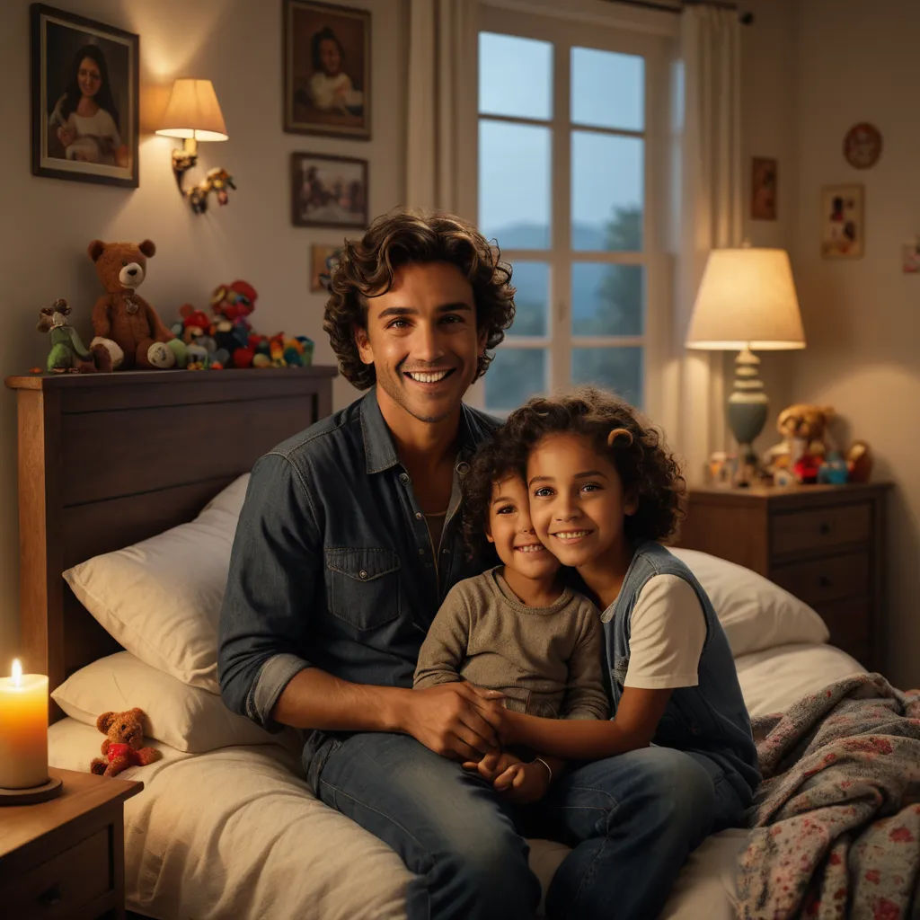 a man and a little girl sitting on a bed together with a lit candle in front of them and a teddy bear on the bed, video art, a stock photo, Diego Gisbert Llorens, promotional image