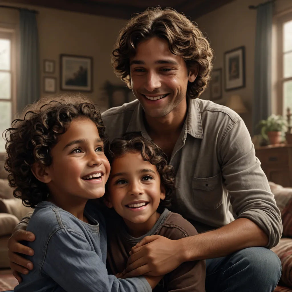 a man and a little girl sitting on a couch together smiling at the camera with a smile on their face, photorealism, a computer rendering, Adam Dario Keel, uhd 8 k