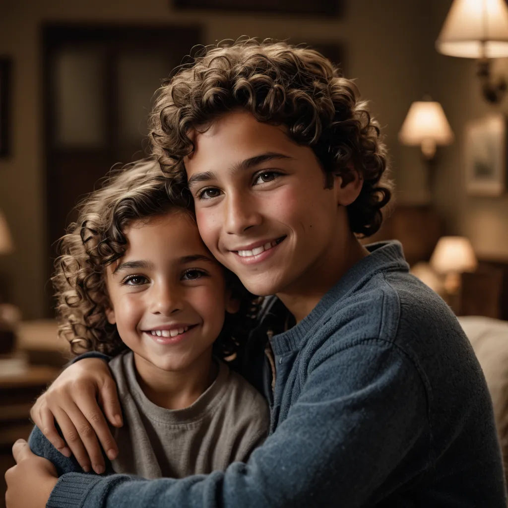 a boy and girl hugging each other in a living room with a couch and lamps on the wall behind them, photorealism, a computer rendering, Adam Dario Keel, promotional image