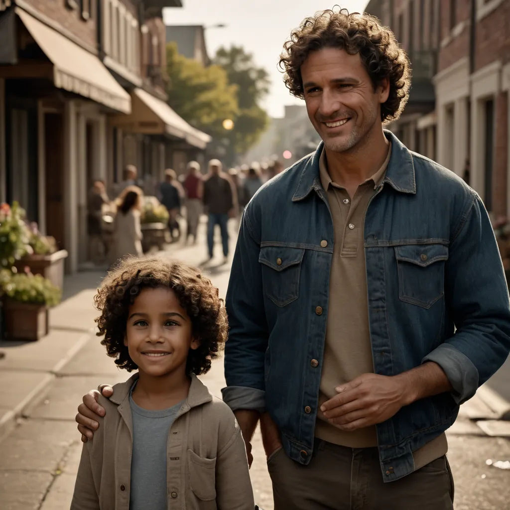 a man and a child standing on a sidewalk in front of a building with people walking on the sidewalk, heidelberg school, a stock photo, Adam Dario Keel, promotional image