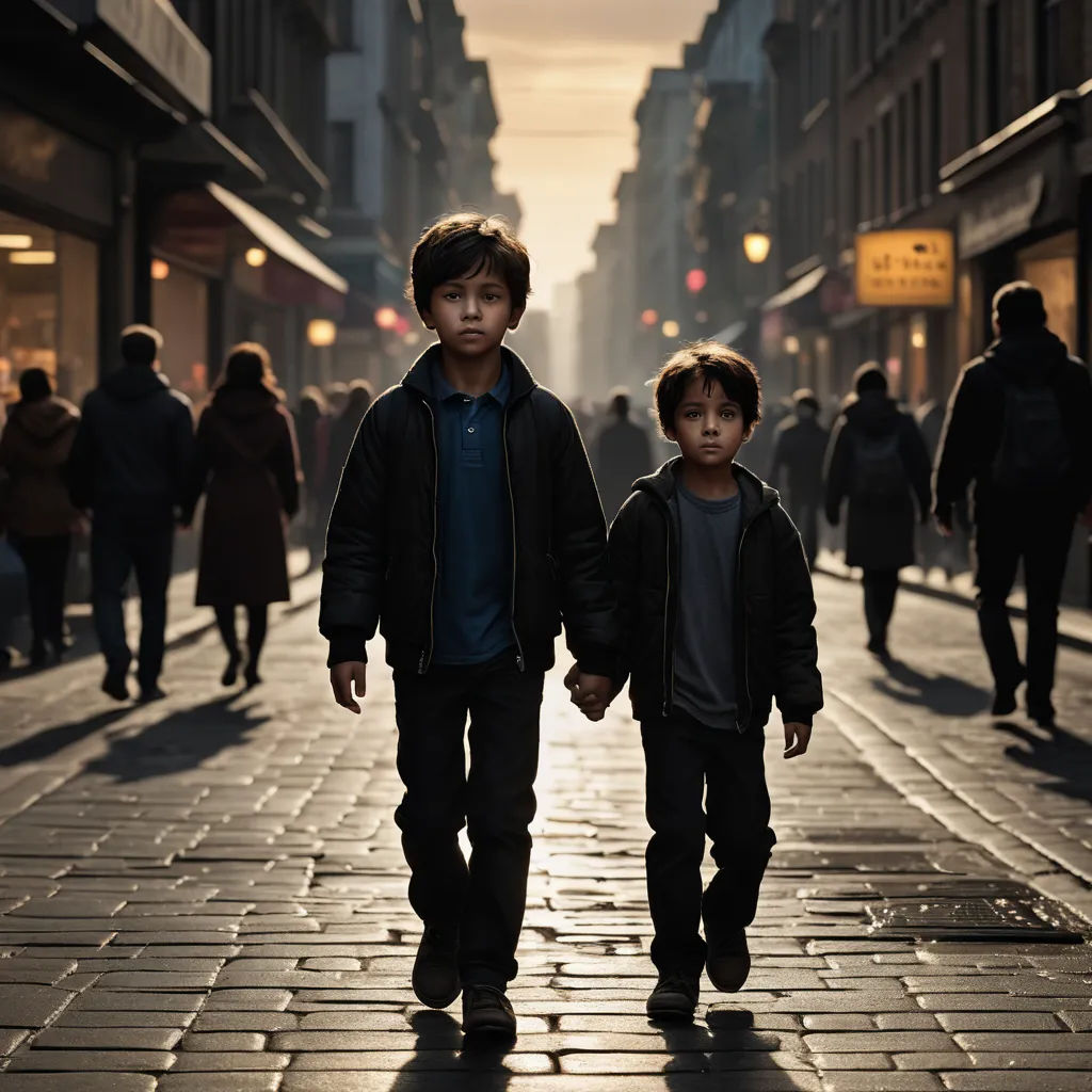 two young boys walking down a street in a city at sunset or dawn with people walking on the sidewalk, neo-figurative, a detailed matte painting, Daniel Lieske, cinematic photography