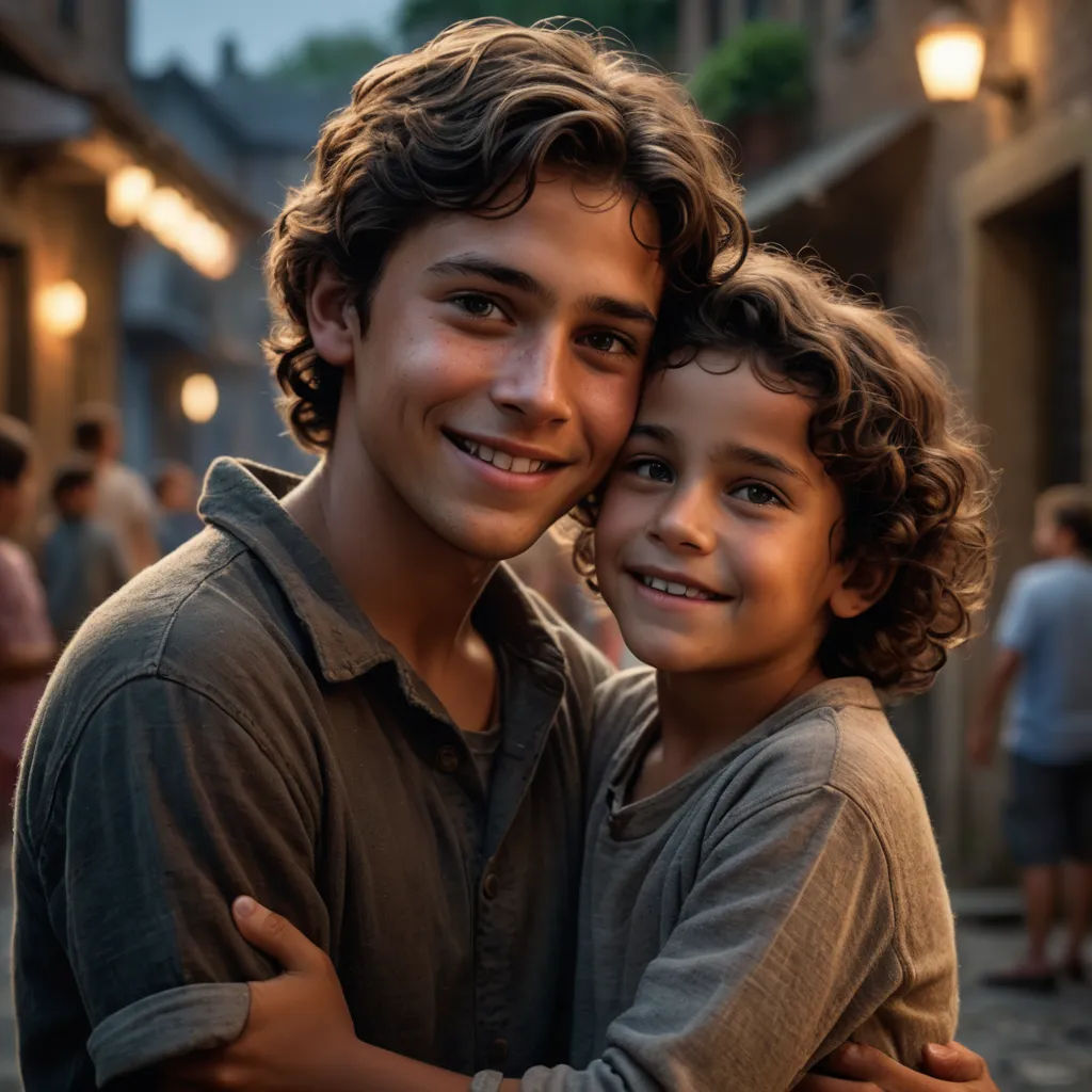 a boy and a girl hugging each other in a street at night time with people in the background and a building in the background, aestheticism, a poster, Adam Dario Keel, promotional image