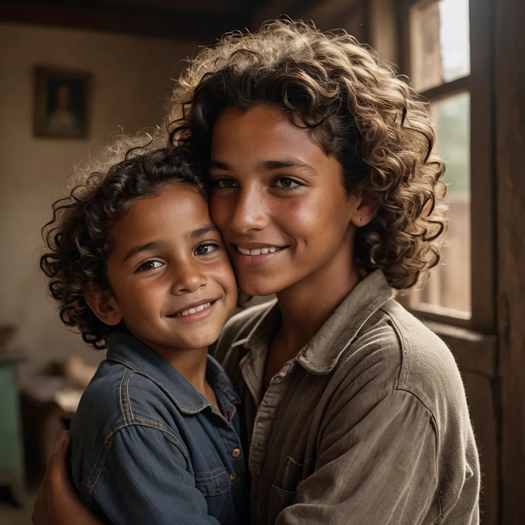 a boy and girl hugging each other in a room with a window in the background and a door in the background, photorealism, a poster, Daniel Lieske, cinematic photography