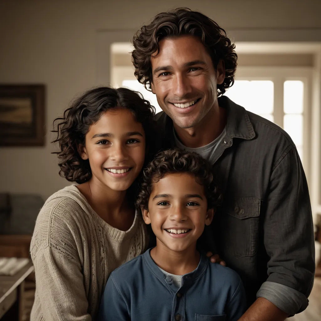 a man and two children posing for a picture together in a living room with a piano in the background, photorealism, a computer rendering, Christian Hilfgott Brand, symmetry accurate features