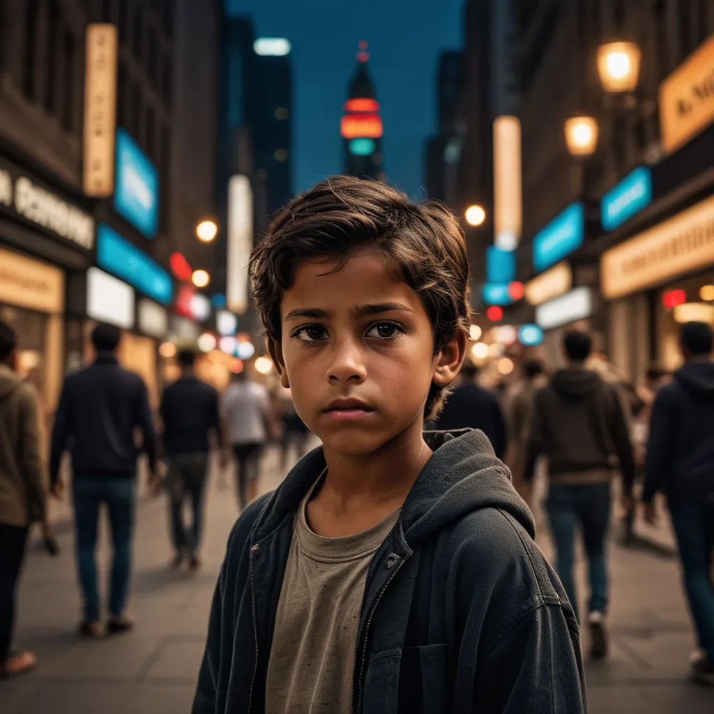a young boy standing on a city street at night with people walking around him and buildings in the background, neoism, a character portrait, Daniel Lieske, cinematic photography