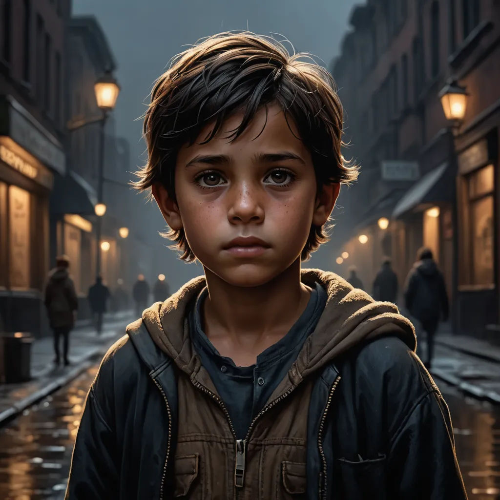 a young boy standing in the rain in a city street at night with a street light in the background, photorealism, a photorealistic painting, Alejandro Burdisio, highly detailed digital painting