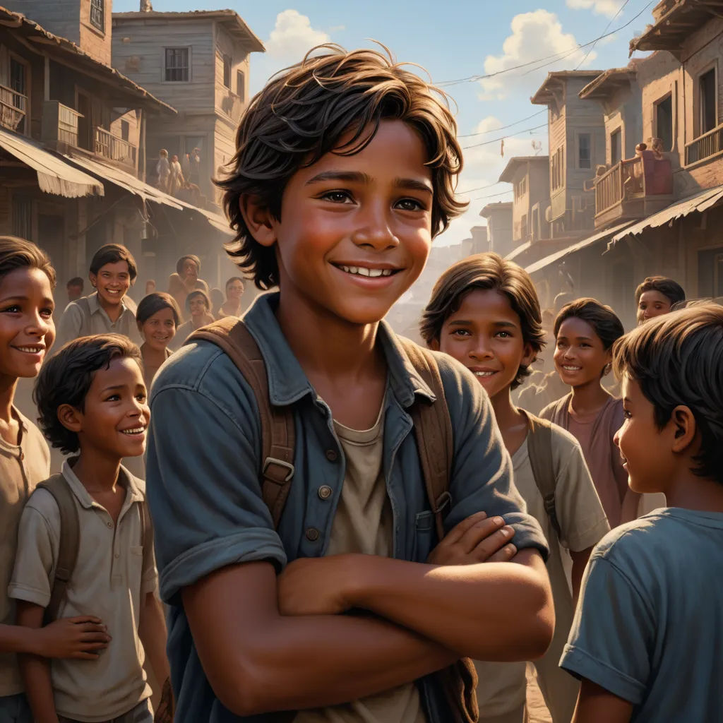 a painting of a boy smiling with his arms crossed in front of a group of children in a village, samikshavad, a detailed matte painting, Alejandro Burdisio, official art
