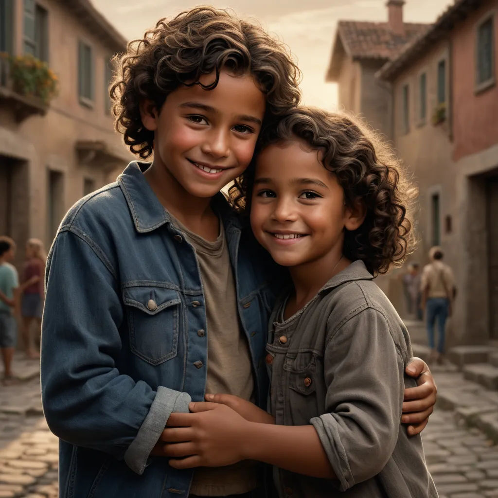two children hugging each other in a cobblestone street in a small town in the sun set,, photorealism, a stock photo, Daniel Lieske, cinematic photography