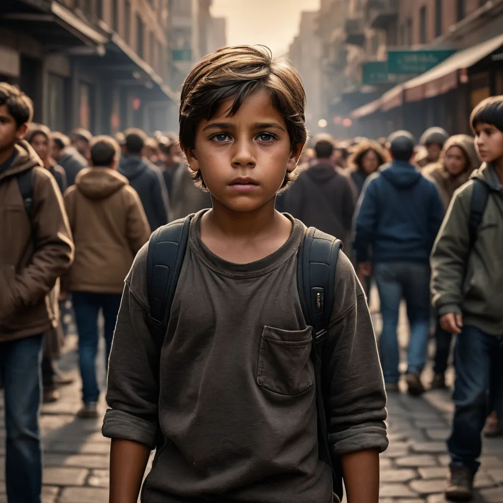a young boy standing in a crowd of people on a street with a backpack on his back and a backpack on his shoulder, neoism, a character portrait, Daniel Lieske, cinematic photography