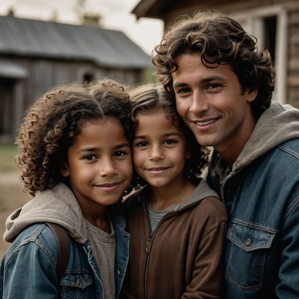 a man and two children are smiling for the camera while standing in front of a house with a barn in the background, antipodeans, a stock photo, Derek Hill, promotional image