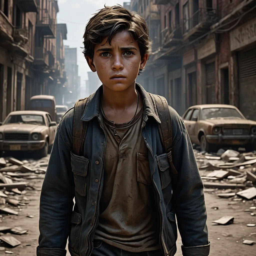 a young boy standing in a street with cars in the background and debris everywhere on the ground in the foreground, photorealism, a detailed matte painting, Diego Gisbert Llorens, vfx
